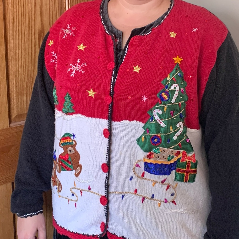 Nutcracker Vintage Ugly Christmas Holiday Sweater Teddy Bears Tree Sequins 2X-3X - Picture 2 of 16